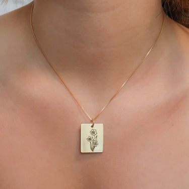Gold Personalized Square Birth Flower Necklace
